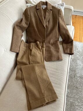 Brown Wool-Blend Tailored Blazer - Women’s Suit Jacket & Wool Camel Dress Pants